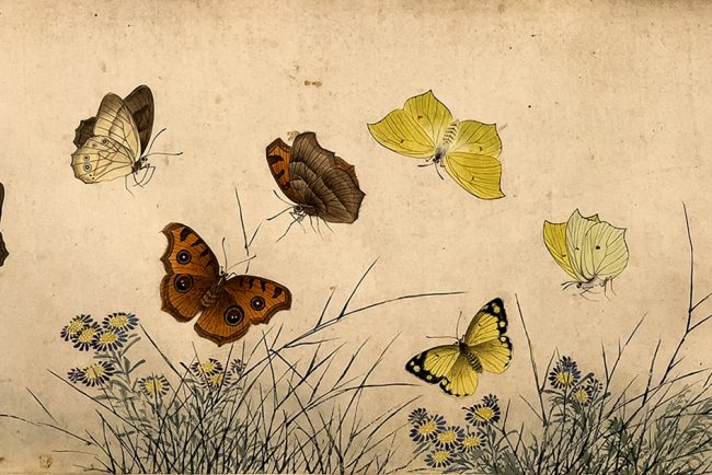 Butterflies, Wen Chu (1595-1634), 1630, Handscroll (secxtion), ink and colour on paper, Chinese calligraphy