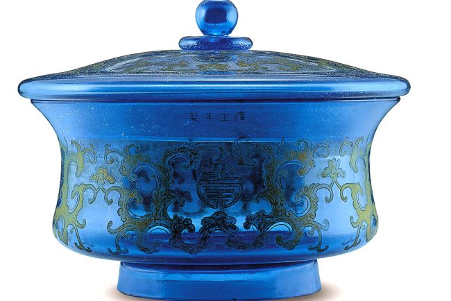 Covered glass bowl wheel-engraved with gilt lotus and shou characters, Four-character mark of Yongzheng and of the period (1723 – 1735), Qing dynasty, Translucent glass in light blue, Lee King Fun Andrew Collection, Photo Hong Kong Museum of Art & Min Chiu Society