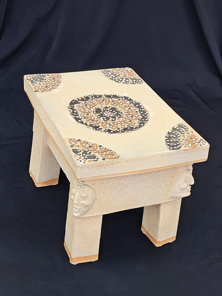 Inlaid stool with Kafka faced legs, 2019, Solan Chiu