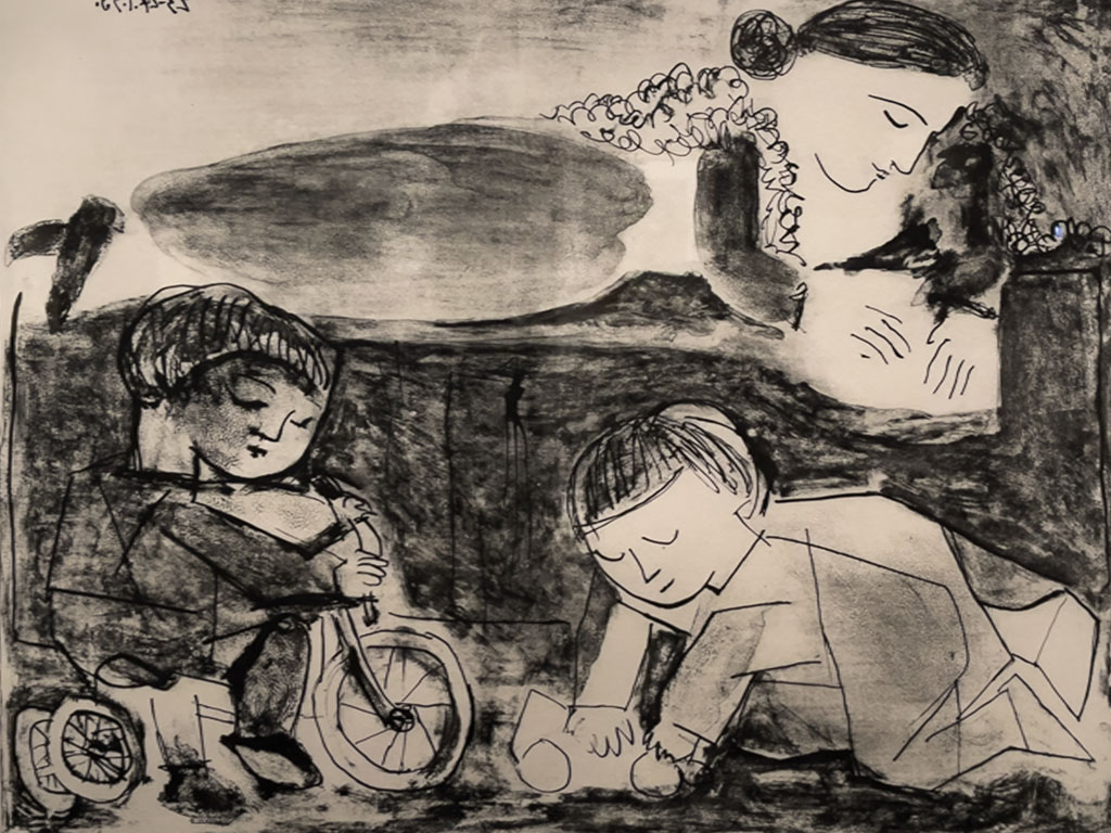 Games and Reading, Wash drawing, wax crayon and pen on zinc, 1953, Picasso