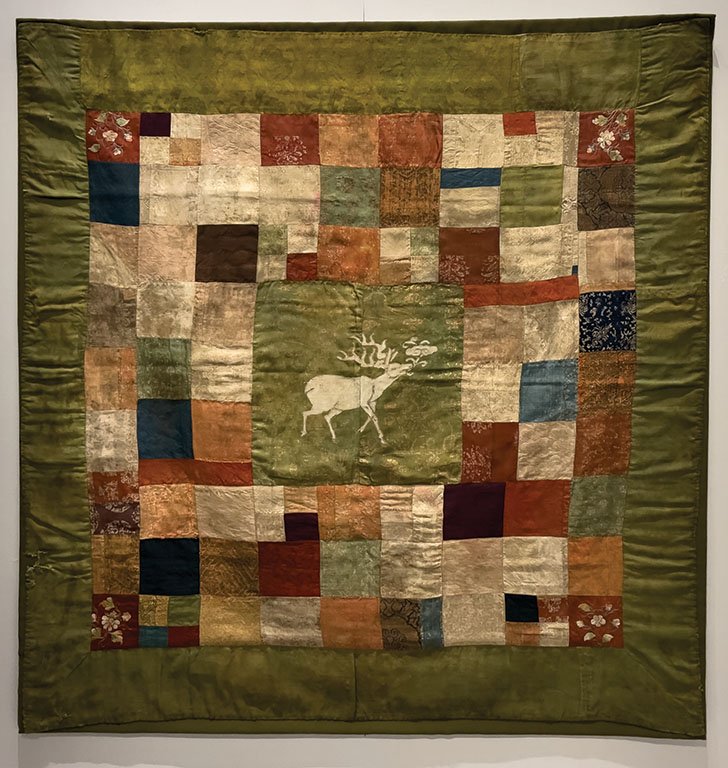 Patchwork badge with deer and pine, Yuan dynasty (13th century), Twill damask, gold threads, silk tabby, and embroidery, polychrome silk threads on silk satin, Chris Hall