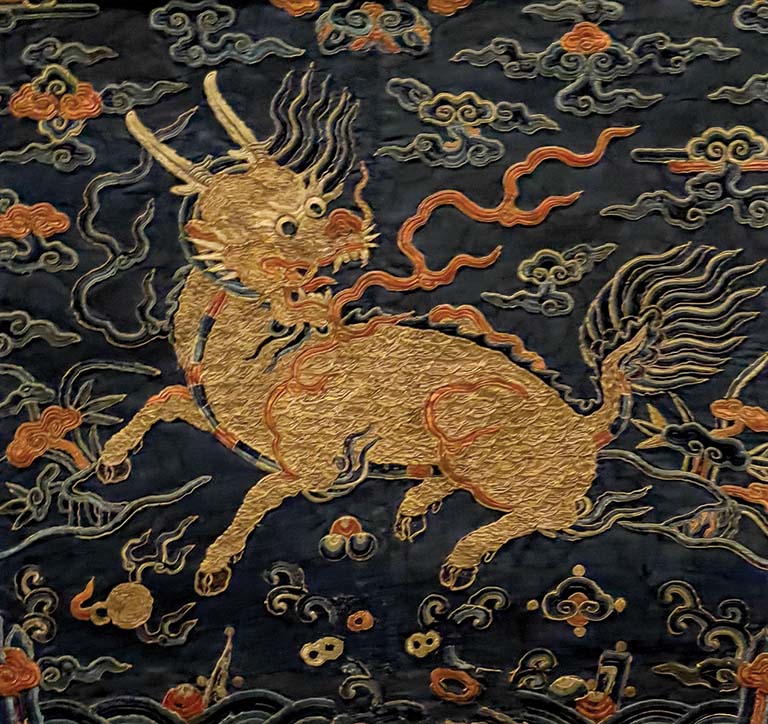 First-rank military official badge with qilin, Qing dynasty, Kangxi period (1662-1722), Embroidery, polychrome and metallic-wrapped silk threads on silk gauze, Chris Hall