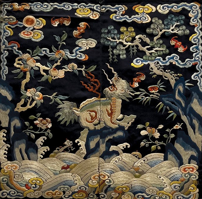 Second-rank military official badge with lion, Qing dynasty, Qianlong period (1736-1795), Embroidery, polychrome and metallic-wrapped silk threads on silk satin, Chris Hall