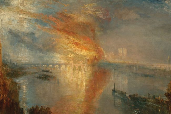 J.M.W. Turner, The Burning of the Houses of Lords and Commons, 16 October 1834, 1835, Oil on canvas, Cleveland Museum of Art. Bequest of John L. Severance, William Turner & John Constable