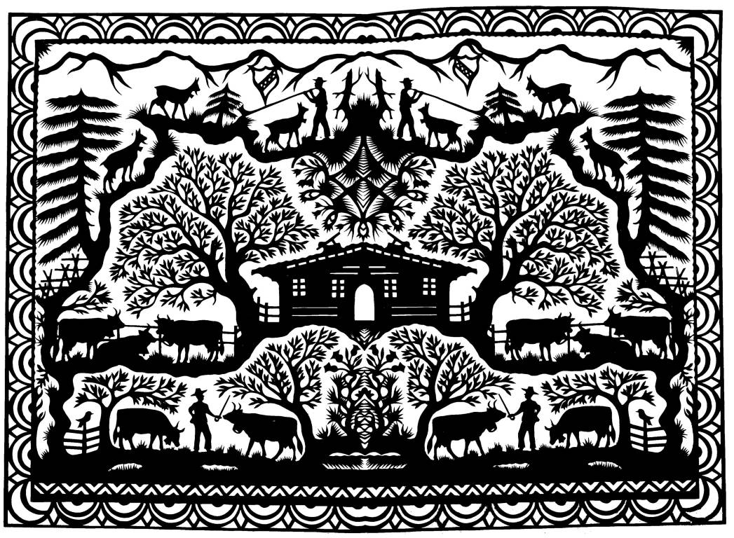 Mountain Hut with Cows, Goats, and Alphorn Players, 1980, Christian Schwizgebel, Photo: University Museum and Art Gallery (UMAG), The University of Hong Kong, Paper Cutting