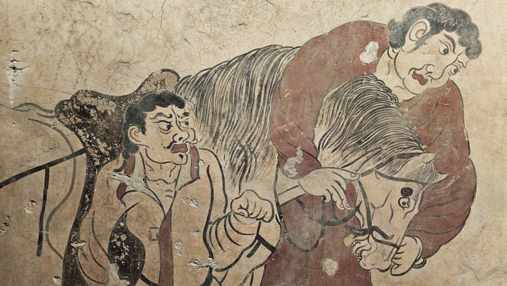 Two Hu (foreigner) attendants presenting a white horse as a tribute to the Tang court (replica of a mural), Sui Tang dynasty