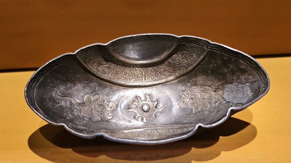 Silver lobed cup with makara motif, Tang dynasty, Sui Tang dynasty