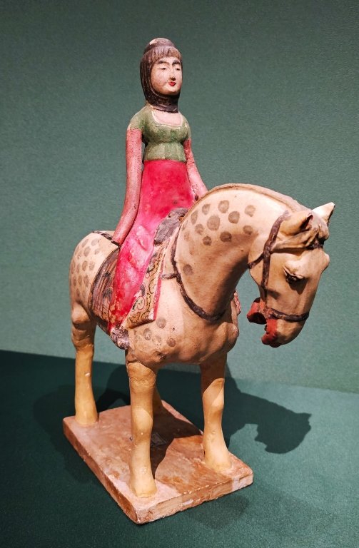 Painted and glazed pottery female figurine on horseback, Tang dynasty, Sui Tang dynasty