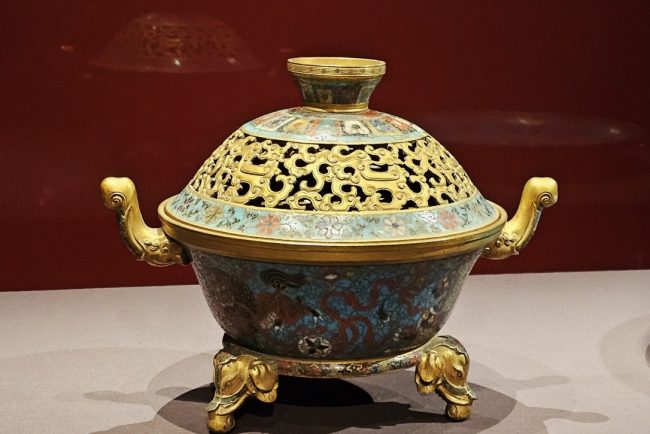 Incense burner with lions playing with a ball and a lingtai mark, Ming dynasty (1368–1644) Cloisonné, Forbidden City and the World