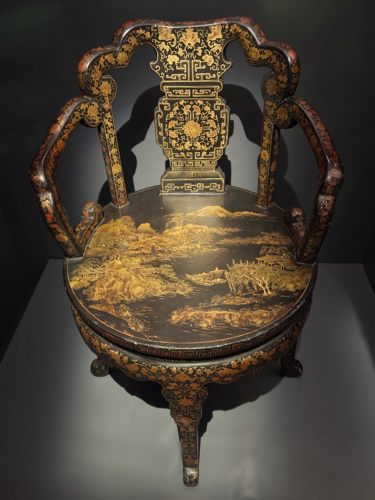 Black and gold lacquer armchair with lotus scrolls design, Qing dynasty (1644-1911), Lacquer, Proudly from Canton, Cantonese and Export Art, HKMoA