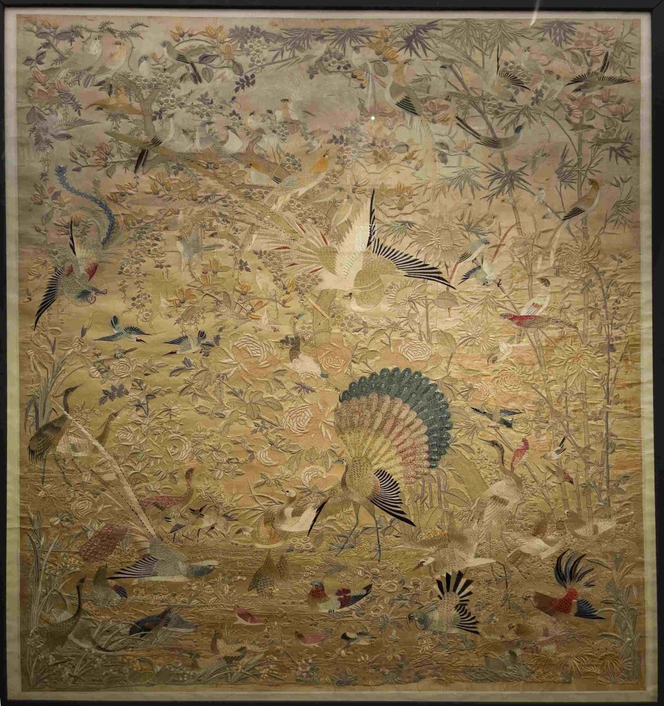 Embroidered panel with flower-and-bird design on beige ground, Qing dynasty (1644-1911), Textile, Proudly from Canton, Cantonese and Export Art, HKMoA